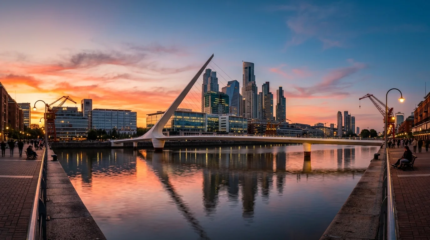 El Puente de la Mujer iluminado durante un atardecer vibrante en Puerto Madero, Buenos Aires.