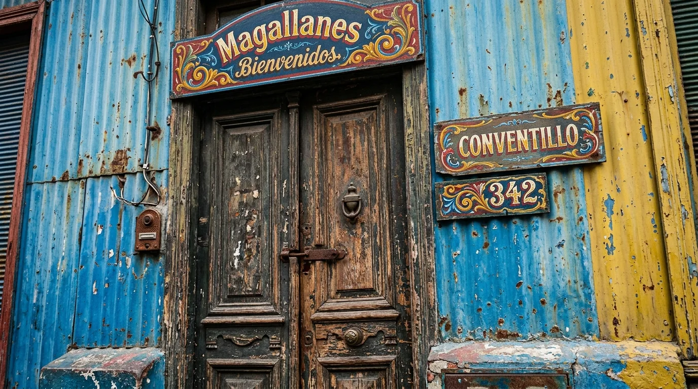 Puerta antigua de madera decorada con fileteado porteño en un conventillo tradicional de La Boca.