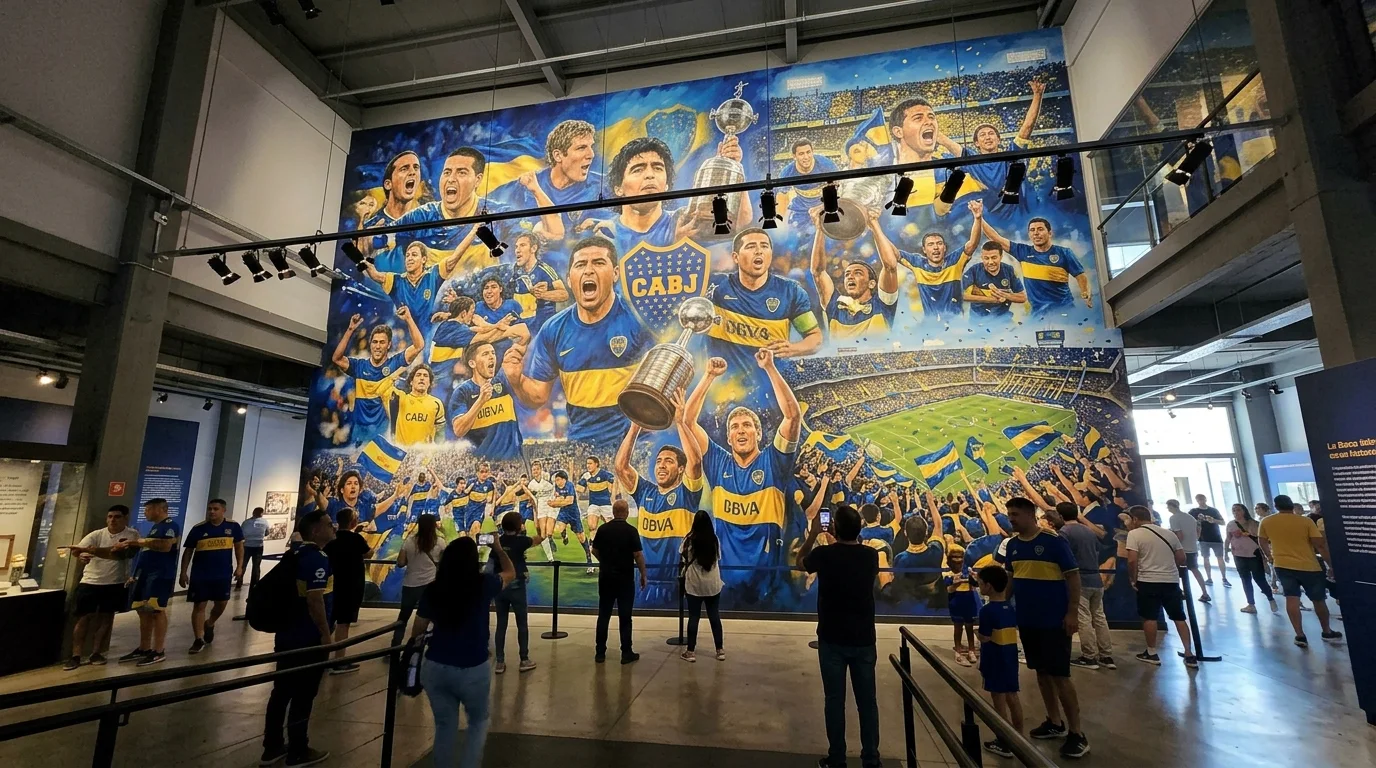Turistas frente a un mural gigante que homenajea a los máximos ídolos de la historia de Boca Juniors.
