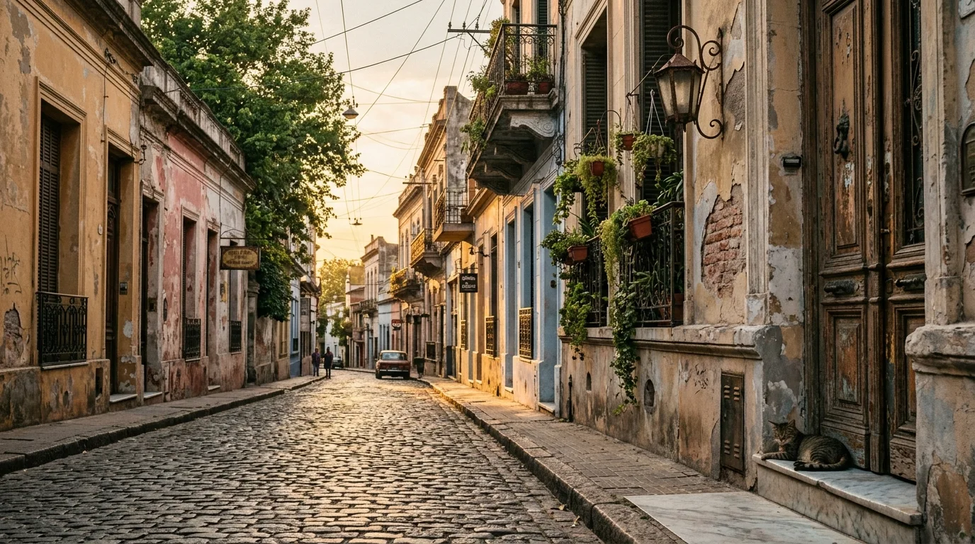 Calle empedrada típica de San Telmo con fachadas coloniales y balcones de hierro bajo la luz del atardecer.