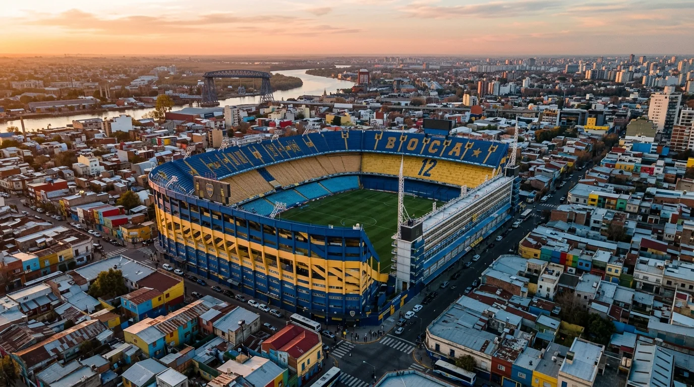 Vista aérea del estadio Alberto J. Armando (La Bombonera) de Boca Juniors en el barrio de La Boca, Buenos Aires, durante el atardecer.