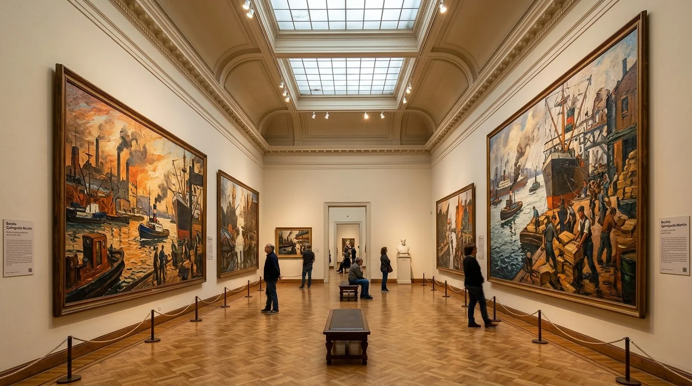 Sala de exposición del Museo de Bellas Artes de La Boca con pinturas al óleo de barcos y estibadores.