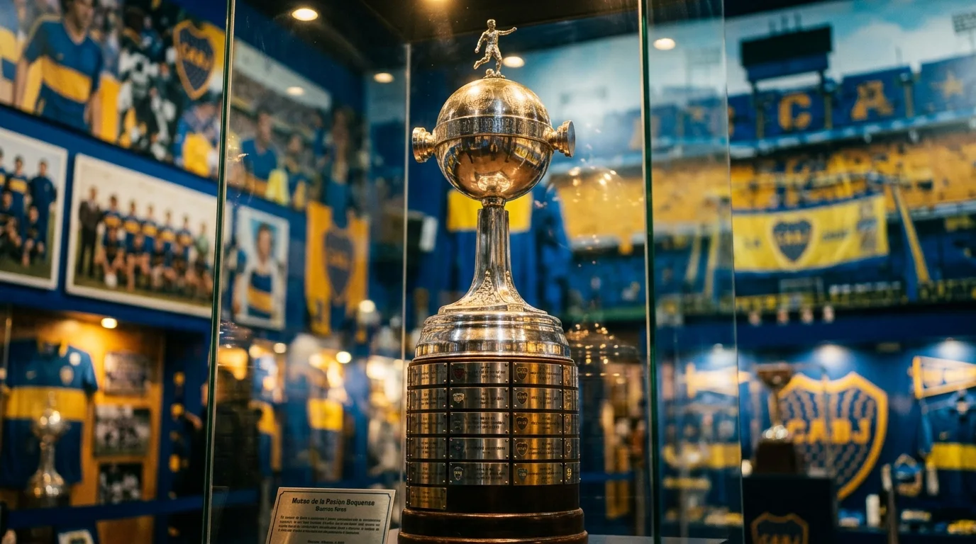 Vitrina con trofeos internacionales y copas ganadas por Boca Juniors en su museo de La Boca.