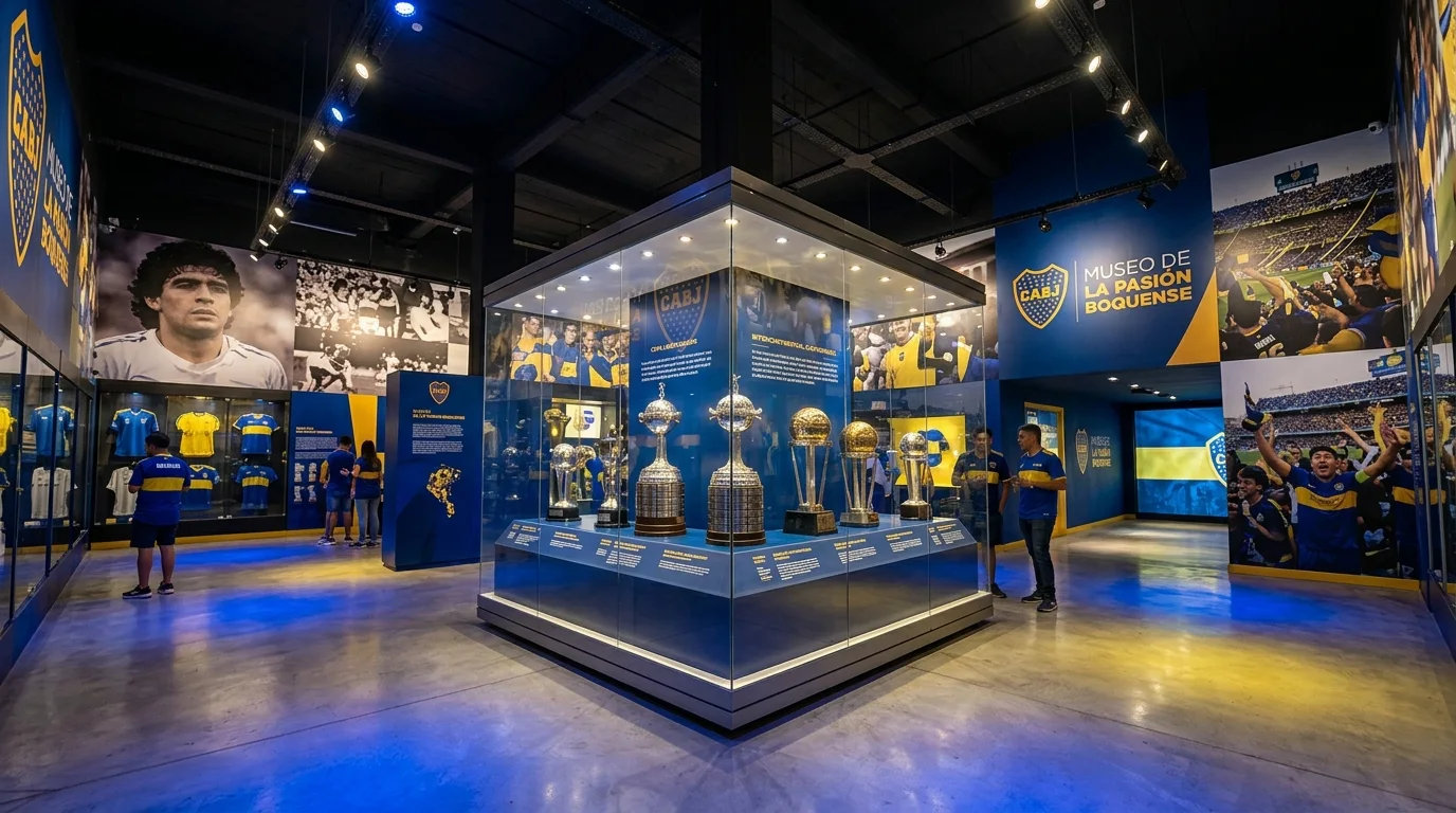 La Copa Libertadores exhibida bajo una iluminación dorada en el Museo de la Pasión Boquense.