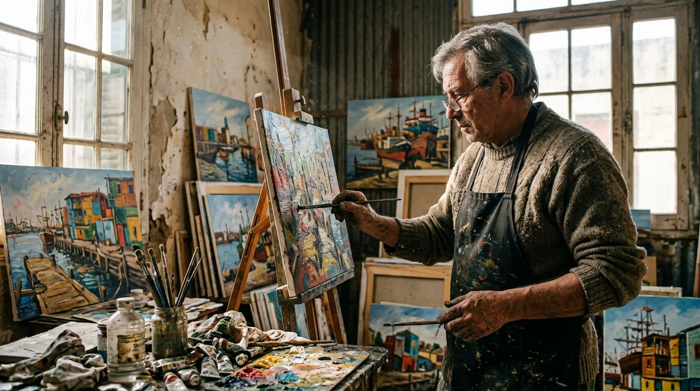Artista local trabajando en su taller rodeado de cuadros y luz natural en el barrio de La Boca.