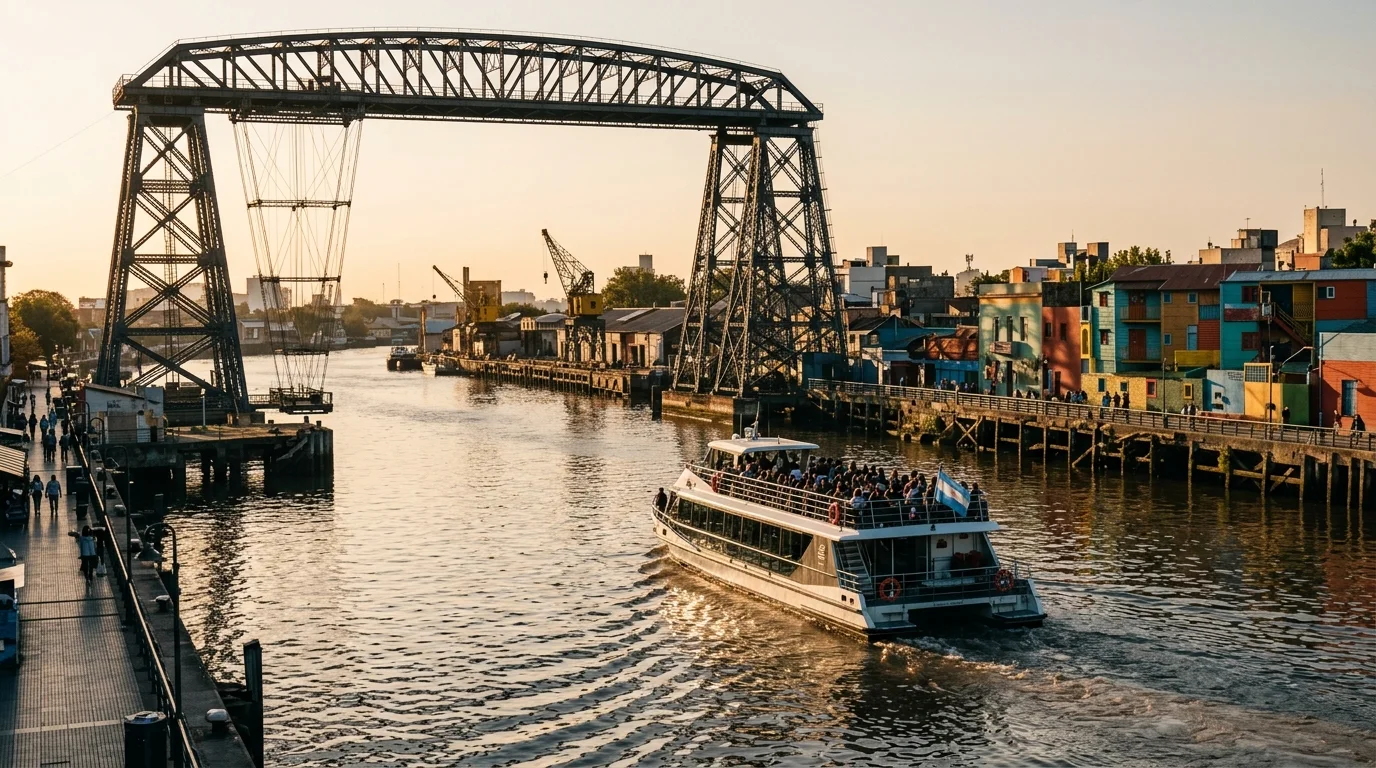 Embarcación turística navegando por el Riachuelo y el Río de la Plata conectando los barrios de La Boca y Puerto Madero.