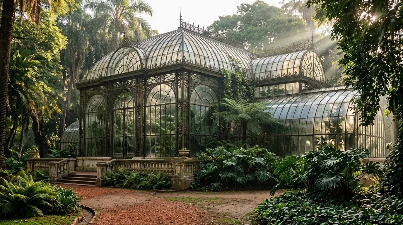Invernadero principal de hierro y vidrio de estilo Art Nouveau en el Jardín Botánico de Palermo.