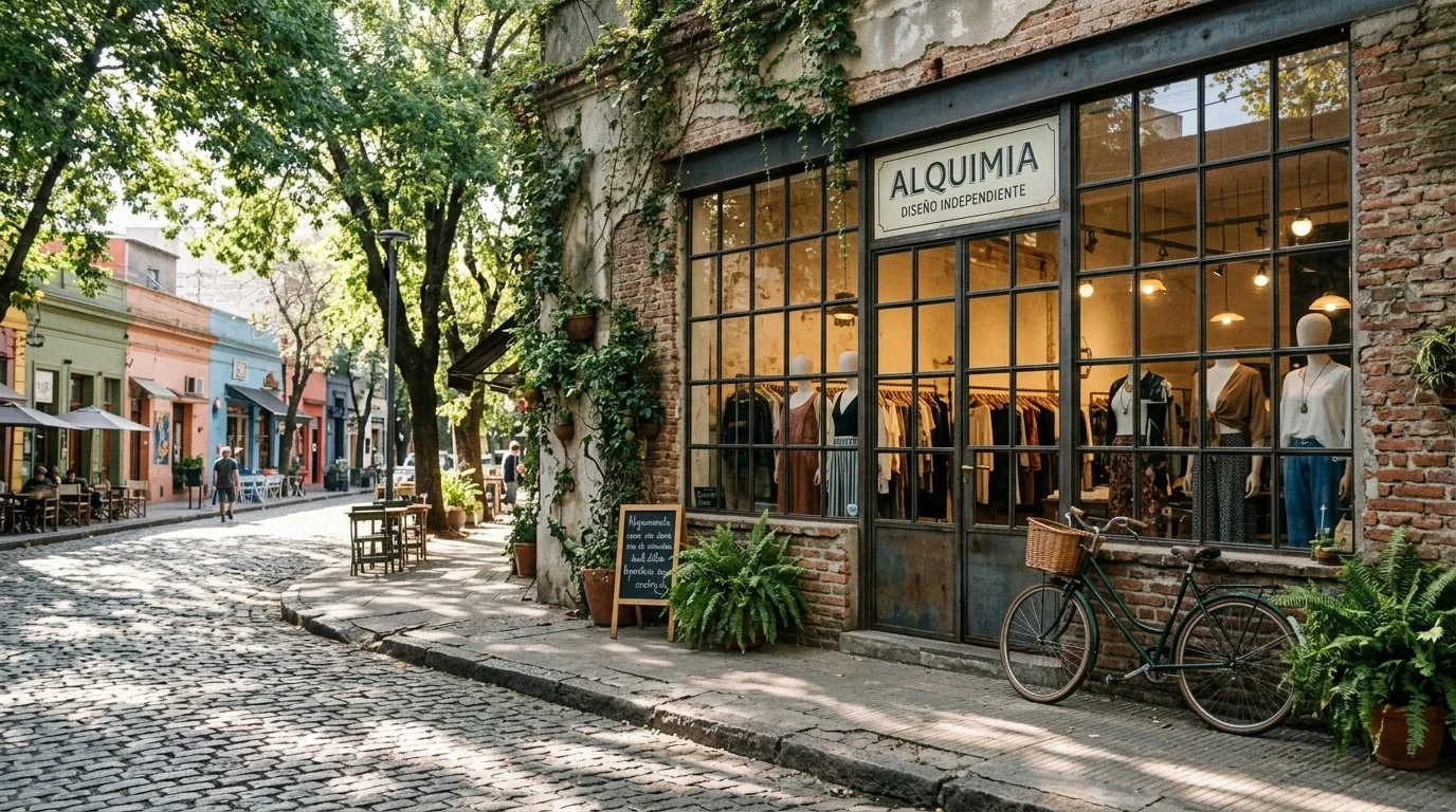 Fachada de una boutique de diseño moderno con una bicicleta antigua en el barrio de Palermo Soho, Buenos Aires.