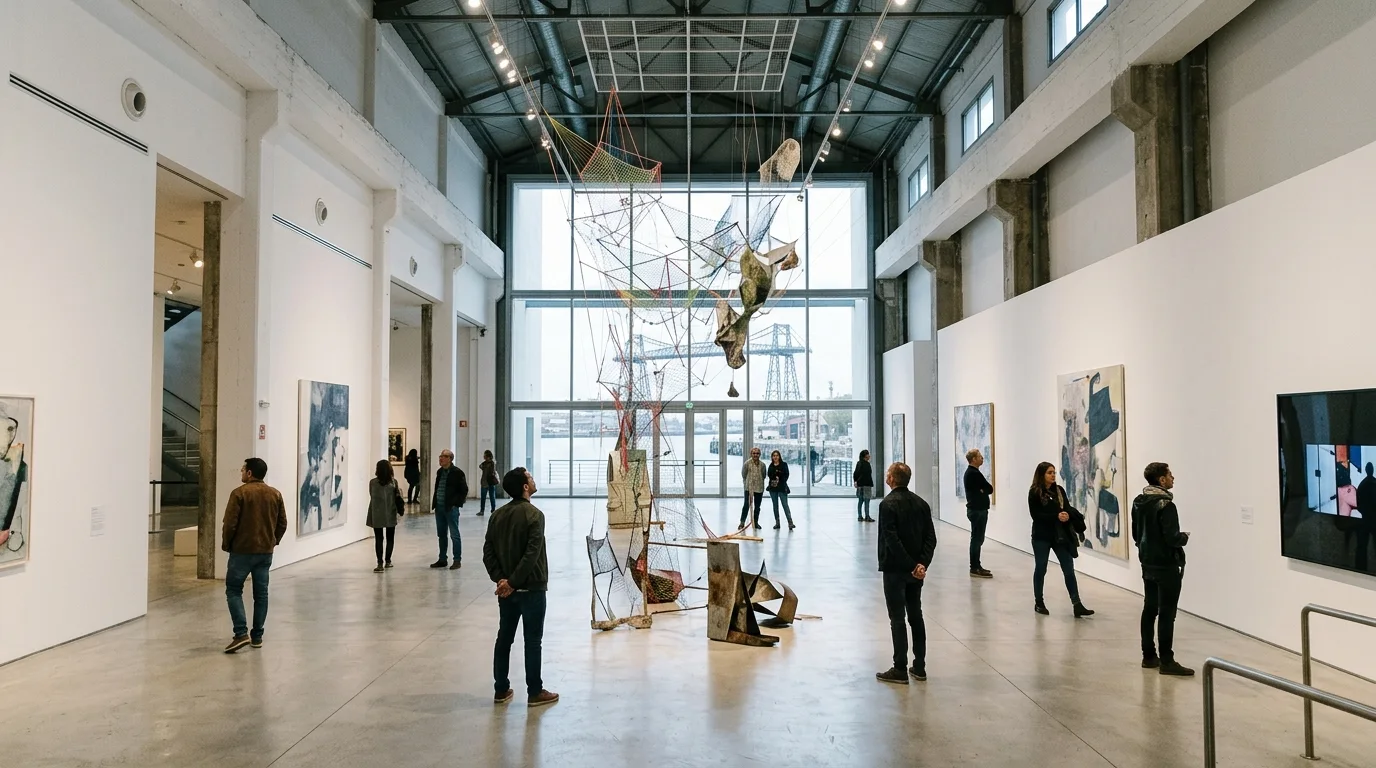 Sala de exposición amplia y luminosa con instalaciones de arte moderno en la Fundación Proa.