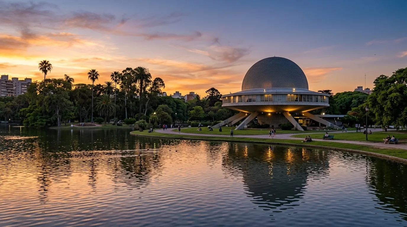 El icónico edificio del Planetario con forma de plato volador reflejado en el lago de Palermo.