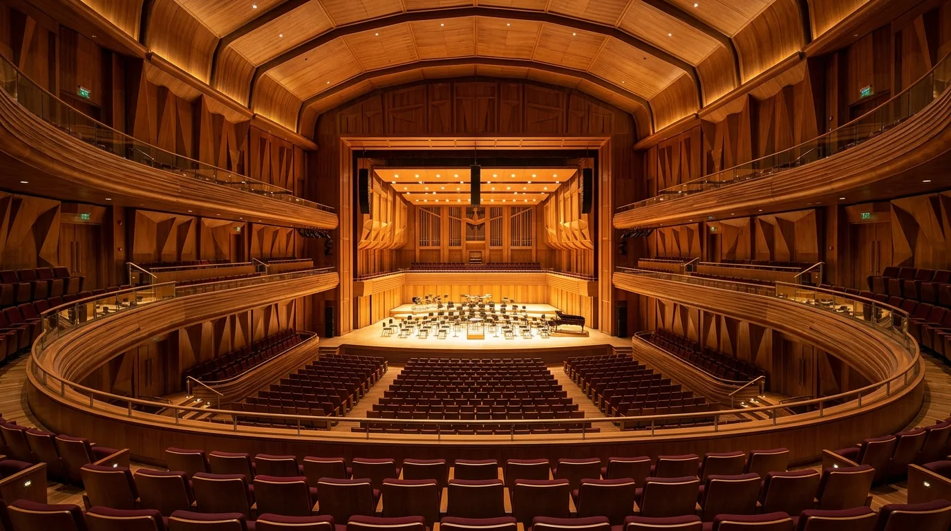 Interior de la sala de conciertos de la Usina del Arte con revestimiento de madera noble y escenario iluminado.